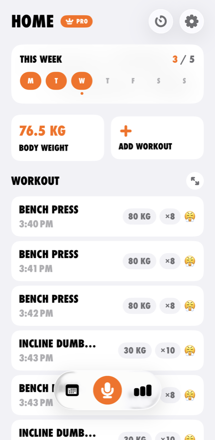 RepLog home screen — voice-first workout log